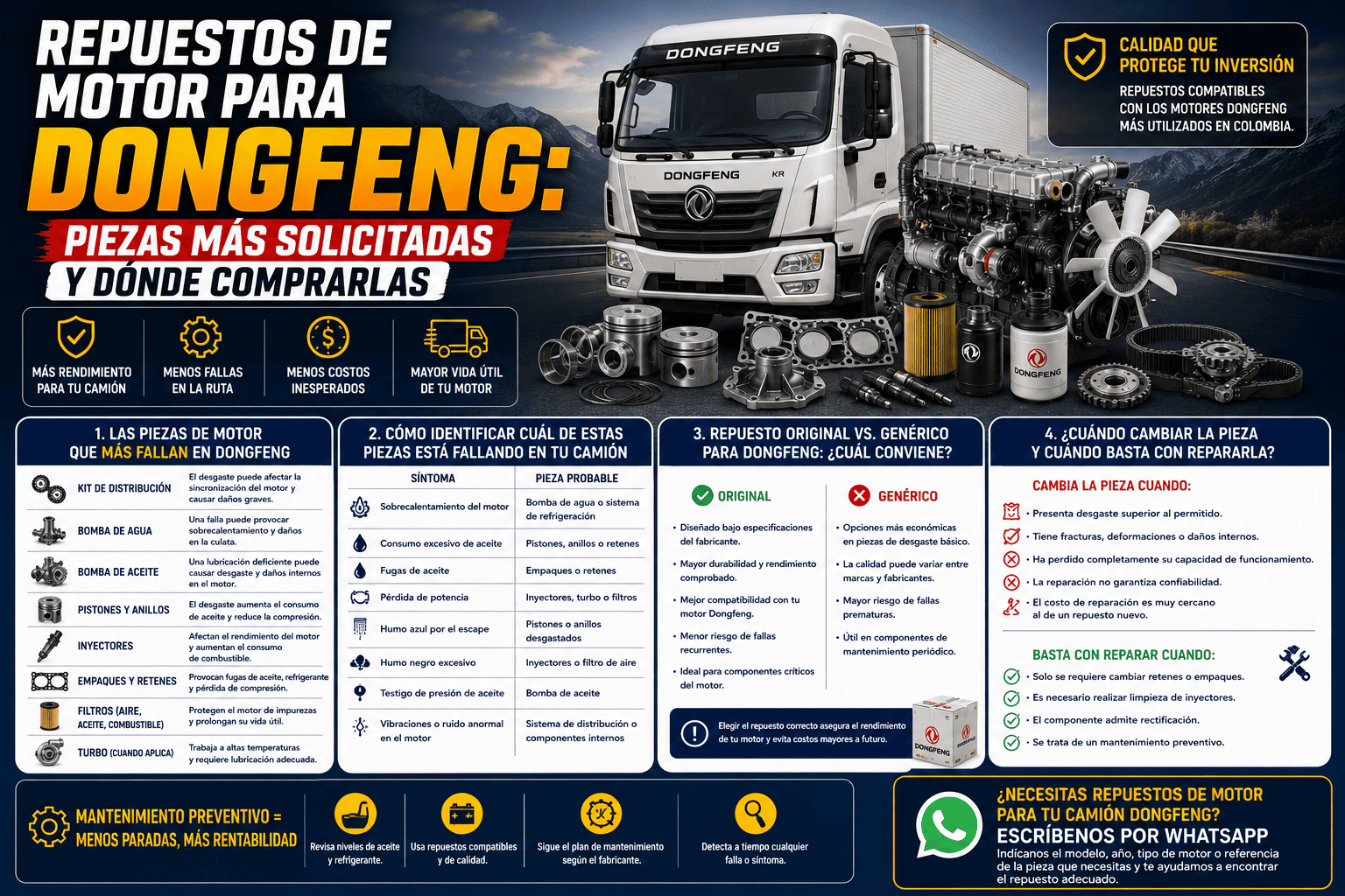 Repuestos de motor para Dongfeng: piezas más solicitadas y dónde comprarlas