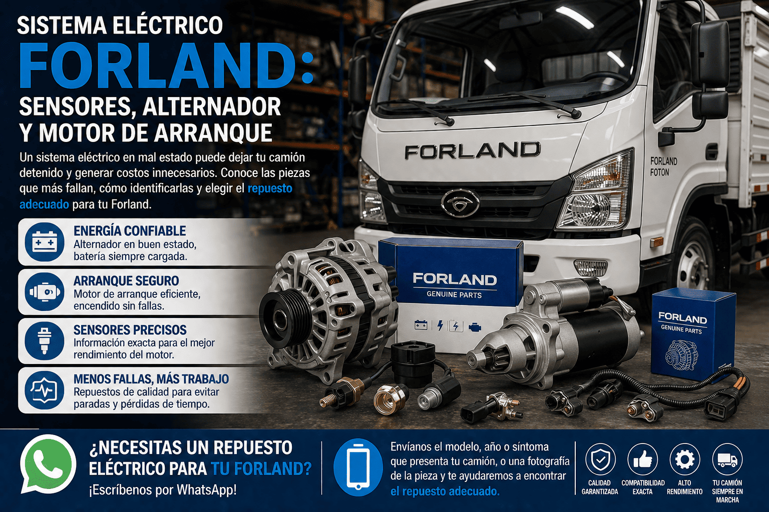 Sistema eléctrico Forland: sensores, alternador y motor de arranque