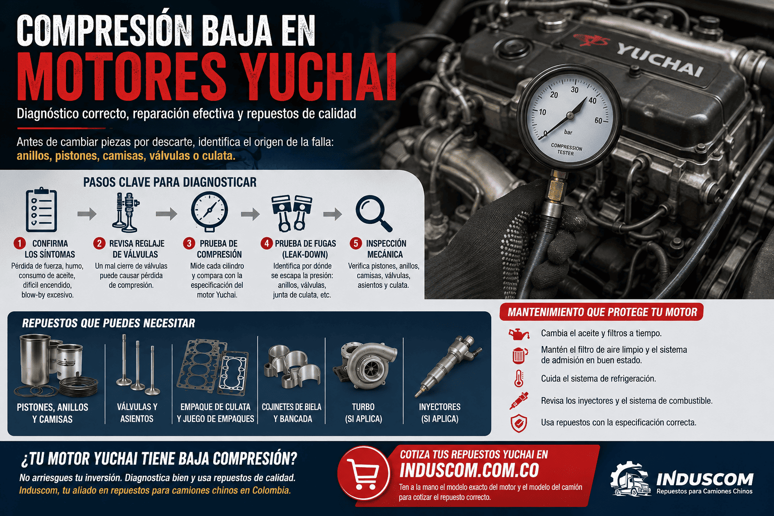 Compresión baja en motores Yuchai: diagnóstico y reparación